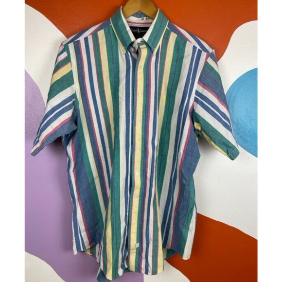 VTG Ralph Lauren Button Up Shirt Men's Large Vertical Stripe Retro University - Picture 1 of 9